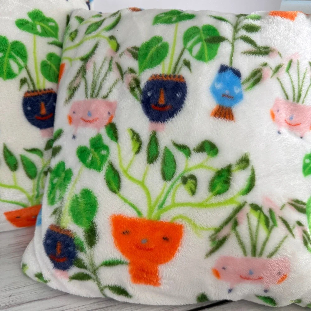 Set of 2 Plant Lover Plush Throw Pillows 14x14 Whimsical Potted Plants Print